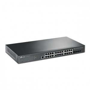 TP-Link TL-SG3428X-UPS Управляемый коммутатор JetStream уровня 2+ с 24 гигабитными портами RJ45, 4 портами SFP+ и источником бесперебойного питания